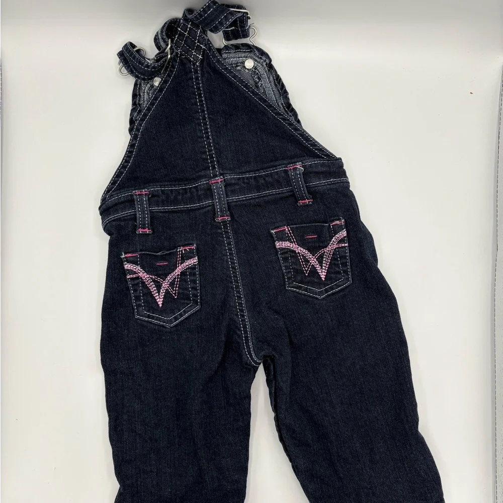 Infant girl Wrangler bib overalls hot pink stitching dark wash denim 3-6 months - Picture 3 of 7